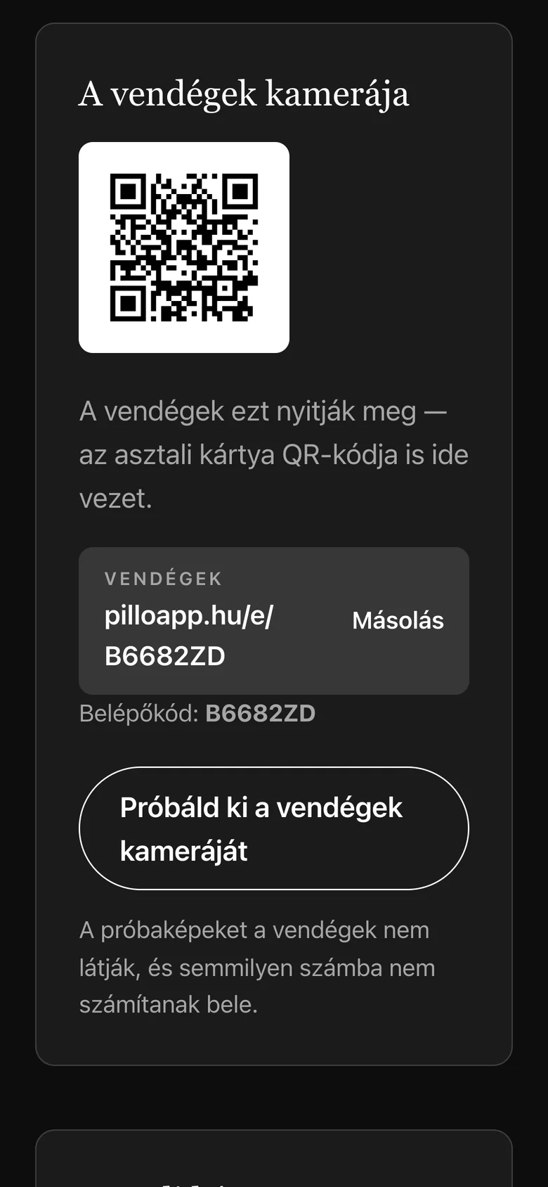 Az esemény oldala a vendégek QR-kódjával és linkjével